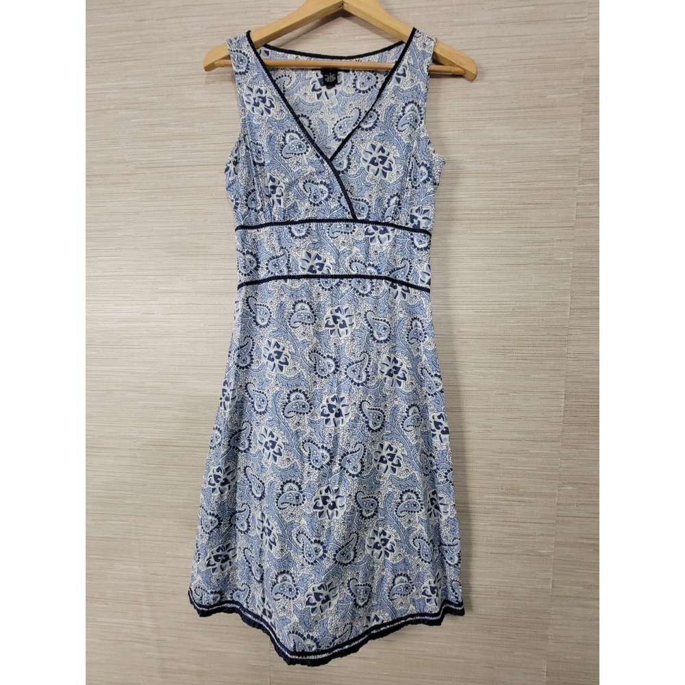Ralph‎ Lauren Sheath Dress Womens 2 Blue Paisley Floral Lace Trim Deep V-Neck